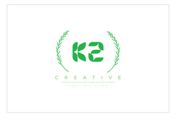 KZ letters eco logo with leaf. Fresh nature and healthy leaf logo design.