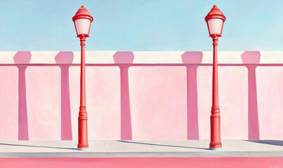 Minimalist Urban Street Scene with Symmetrical Coral Lamp Posts Against a Vibrant Pink Wall in Daylight Featuring Shadows and Modern Architectural Design Aesthetics