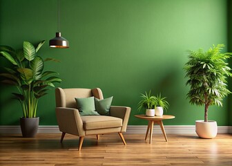 Living Room Interior with Olive Green Wall for Mockups