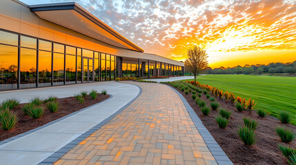 Modern building sunset golf course landscaping pathway