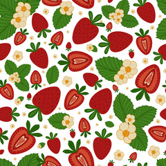 Seamless pattern with big and small strawberries, strawberry blossom and small yellow flowers on white background.