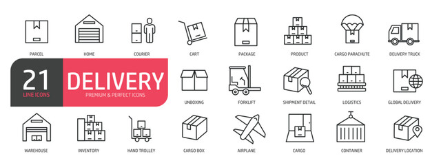 Set of line icons related to user delivery, cargo, warehouse, package. Outline icons collection. Editable stroke. Vector illustration.