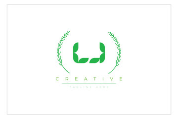 LJ letters eco logo with leaf. Fresh nature and healthy leaf logo design.