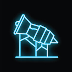 Neon sign representing a spot light pointing upwards on a black background, ideal for concepts such as show business, marketing and advertising