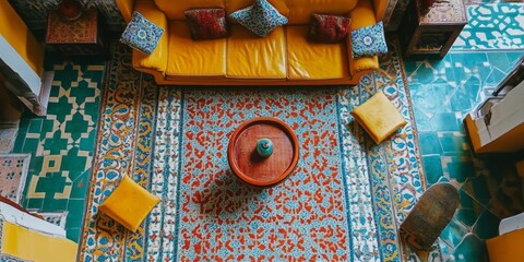 Overhead View of Colorful Room Decor with Sofa and Rug