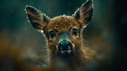Fototapeta premium Fawn in rain, forest background, nature photography, wildlife