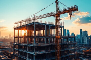 Construction site with crane building modern skyscraper at sunset