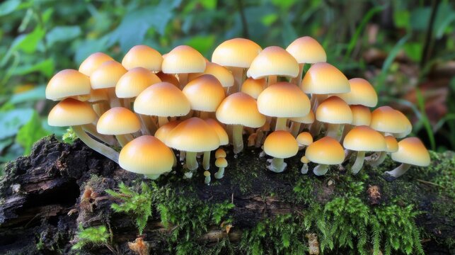 A group of Kru Thong mushrooms that grow on mossy trees in the forest. with other types of mushrooms visible behind the background