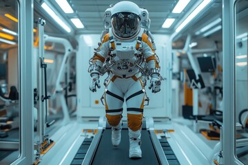 Astronaut training on treadmill inside spacecraft