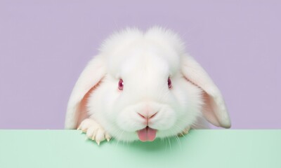 Fluffy bunny peeking over a pastel green table with a gentle expression