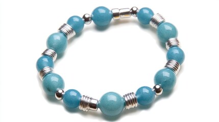 Obraz premium Aqua Blue and Silver Beaded Bracelet on White Background