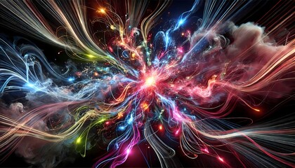 Background and wallpaper featuring a fusion of electric light and smoke patterns, with bursts of neon colors in all directions