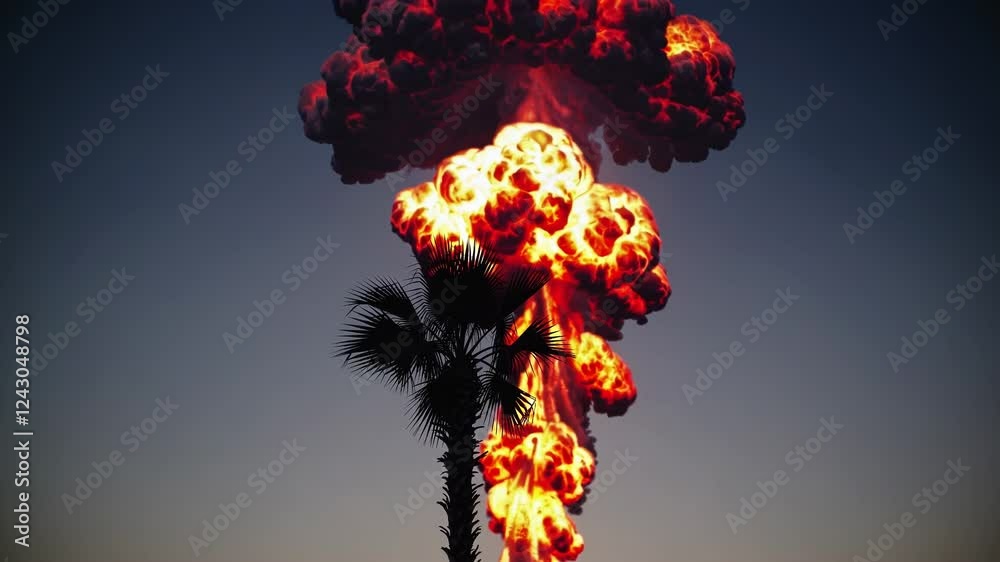 Poster a lone palm tree silhouetted against an enormous fiery explosion in the sky.