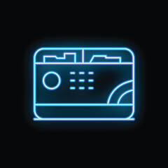 Blue glowing neon credit card on a black background representing online payment, online shopping and e commerce