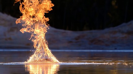 Fiery Flames Rising From Dark Water at Night