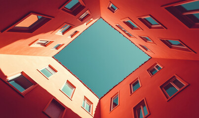 Captivating Architectural Geometry in an Urban Setting With Vibrant Red Facades Framing a Clear Blue Sky