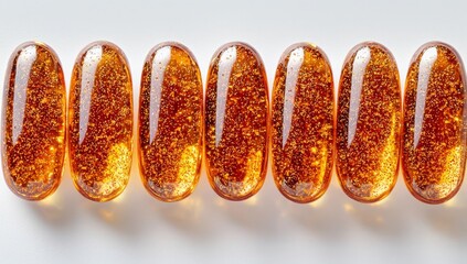 A cluster of gold-colored tablets sitting on a white surface