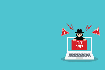 Hacker holding free offer message banner. Hacking concept.	