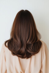 Naklejka premium Woman showing long brown hair from behind on white background