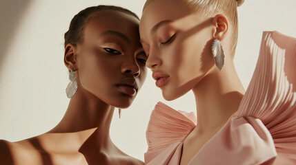 Elegantes Beauty-Doppelportr&auml;t zweier Models in Pastellt&ouml;nen. Fashion-Editorial mit minimalistischer &Auml;sthetik und warmer Lichtstimmung