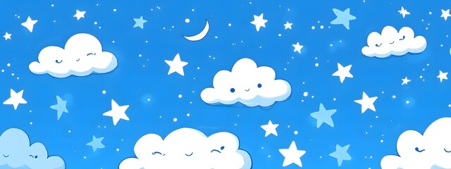A cute cartoon illustration of white stars and clouds on a blue sky background
