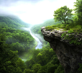 Experience the tranquil beauty of a lush valley, where a lone tree crowns a rocky cliff, overlooking a winding river shrouded in mist.