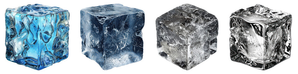 Ice cubes isolated on transparent background, PNG, Set of