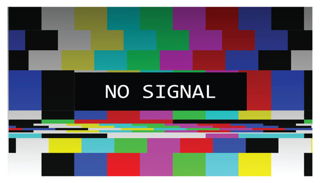 Set illustration of "No Signal" screen with multicolored glitch patterns and a bold black banner displaying the text "NO SIGNAL." The image simulates a television screen error commonly seen during