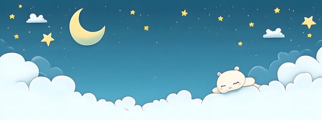 A cute cartoon illustration of white stars and clouds on a blue sky background
