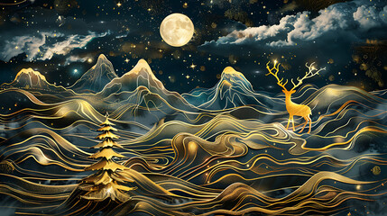 3d modern art mural wallpaper night landscape, white clouds with dark background. Golden Christmas tree, mountain, golden deer, light moon, golden and black waves. for wall decoration