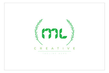 ML letters eco logo with leaf. Fresh nature and healthy leaf logo design.