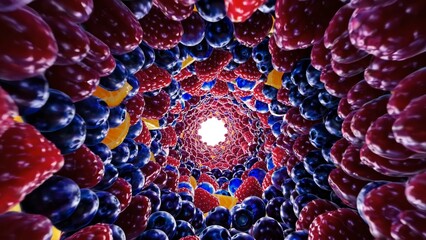 Colorful berries and citrus fruits forming vivid curved passageway, illuminated pathway suggesting freshness, wellness, and natural nutrition