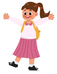 Happy girl go to school. PNG Hand drawing illustration.