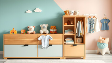 Sideboard with toys and clean baby clothes in children room. Generative AI