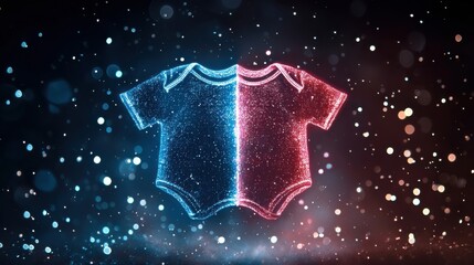 Glowing blue and red baby onesie, digital art, dark background, sparkling particles, abstract concept.