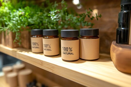 Small jars of 100 percent natural products sitting on wooden shelf