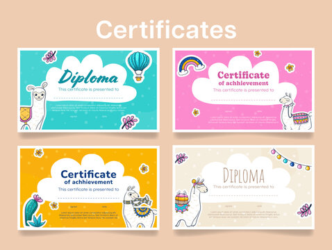 Colorful llama certificate templates, perfect for celebrating academic achievements or giving out awards at a party.