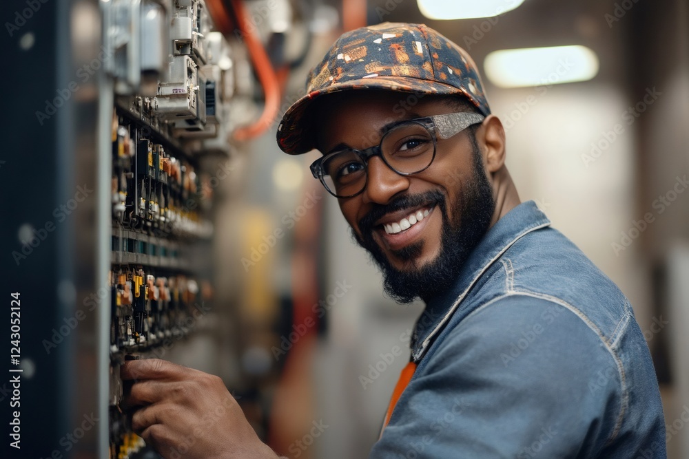 Poster electrician working on an electrical panel in a server room, smiling