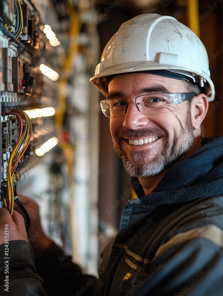 Aufkleber smiling engineer working on electrical panel in industrial environment