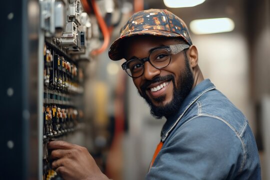 Electrician working on an electrical panel in a server room, smiling