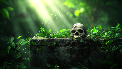 Amidst a lush, vibrant jungle, an ancient skull rests on a stone surface, overgrown with greenery.
