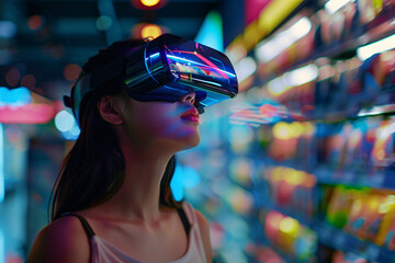 Modern consumer explores virtual reality, wearing a headset inside a colorful retail environment