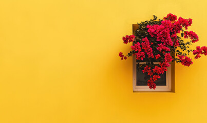 Vibrant Bougainvillea Blossoms Framing a Window on a Sunlit Yellow Wall: A Captivating Scene of Natural Elegance and Architectural Harmony