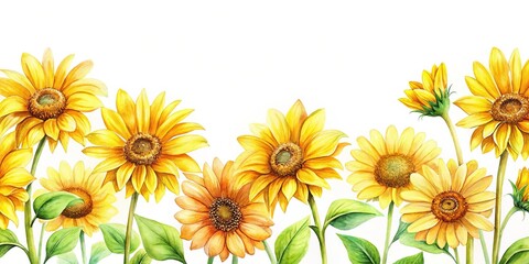 Fototapeta premium Warm Mexican sunflower watercolor border, low light, floral invitation.