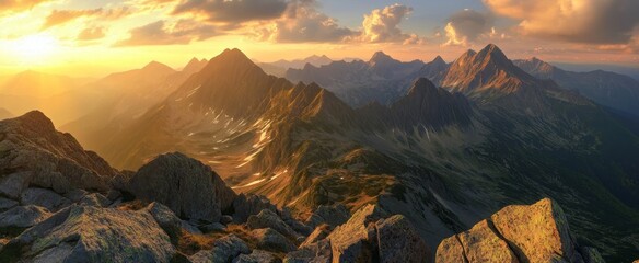 Obraz premium Sunset panorama Mountain peak view, golden hour, rocky landscape, travel poster