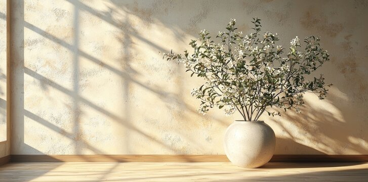 A minimalist living room characterized by a bare wall and an expansive layout