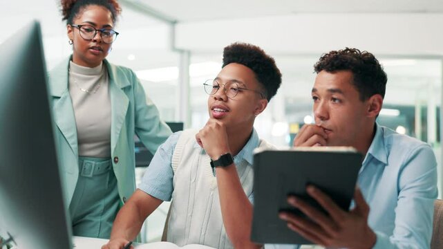 Training, coding and people on computer for research, teamwork and collaboration project in office. Programmer, coaching or developer with tablet for web development, programming or online software