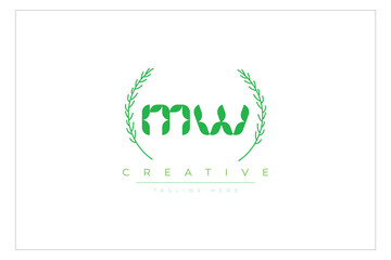 MW letters eco logo with leaf. Fresh nature and healthy leaf logo design.