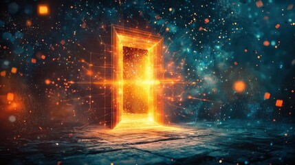 Glowing portal, fiery orange and blue light, dark background, sparks and particles, mysterious and magical atmosphere.
