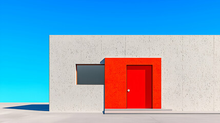 Red door, modern concrete house, sunny day, architectural design, real estate